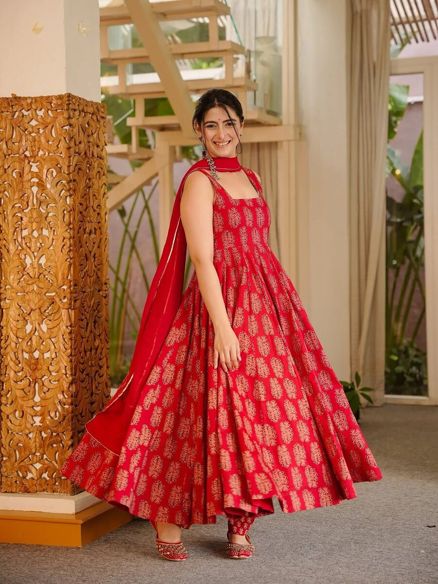 Red Printed Wedding Party Festival Casual Ready Anarkali Pant Salwar Kameez