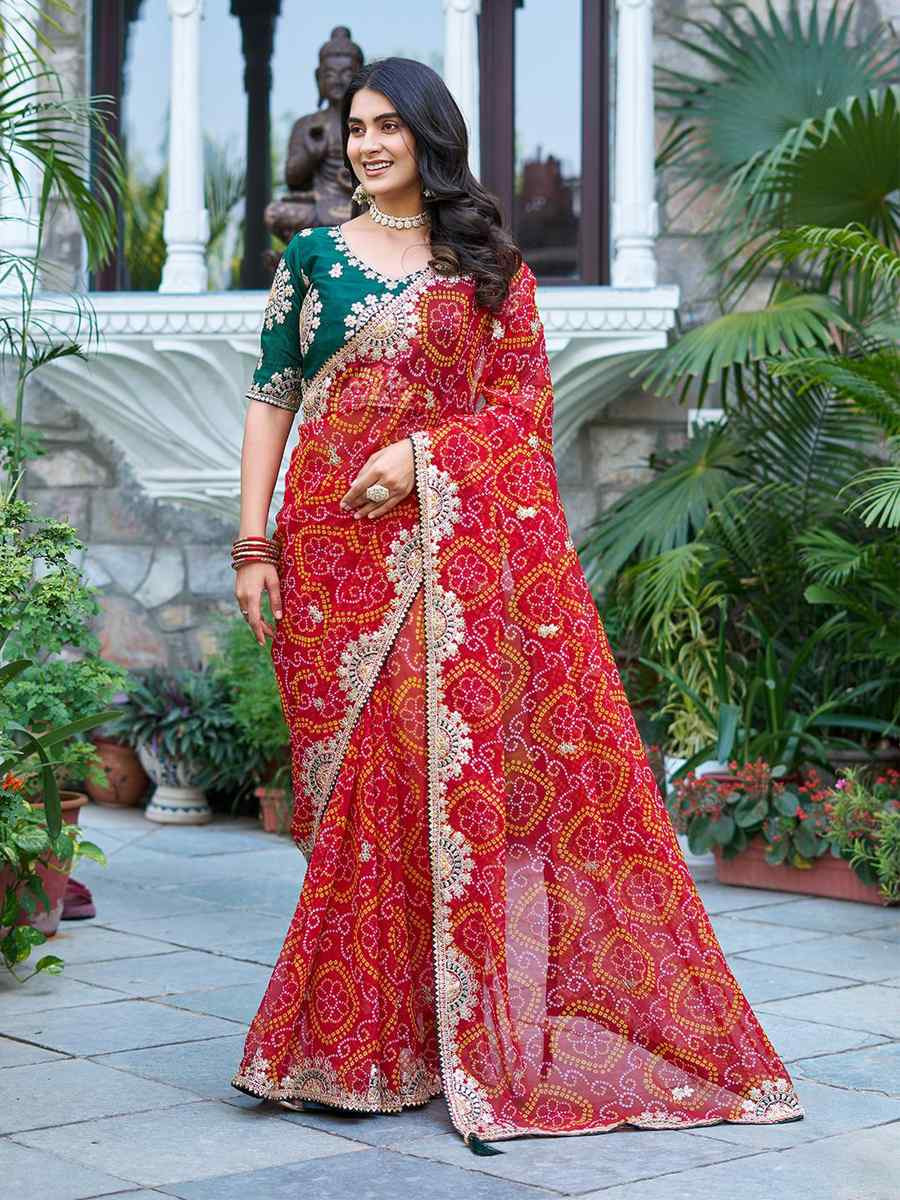 Red Pure Bandhej Silk Embroidered Festival Wedding Fancy Heavy Border Saree
