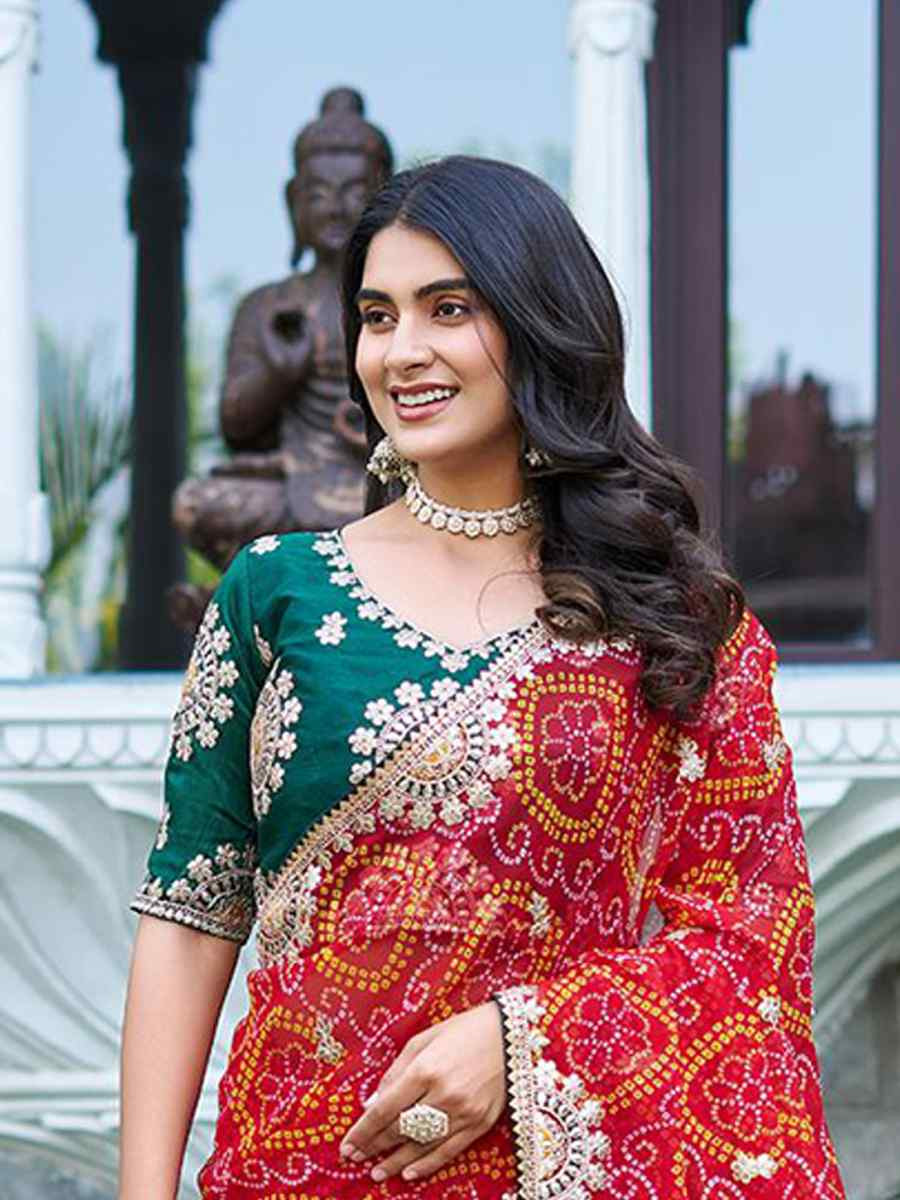 Red Pure Bandhej Silk Embroidered Festival Wedding Fancy Heavy Border Saree