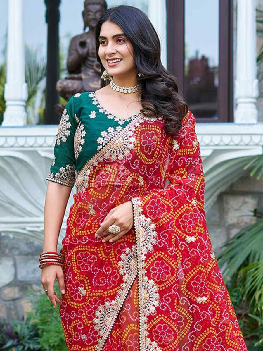 Red Pure Bandhej Silk Embroidered Festival Wedding Fancy Heavy Border Saree