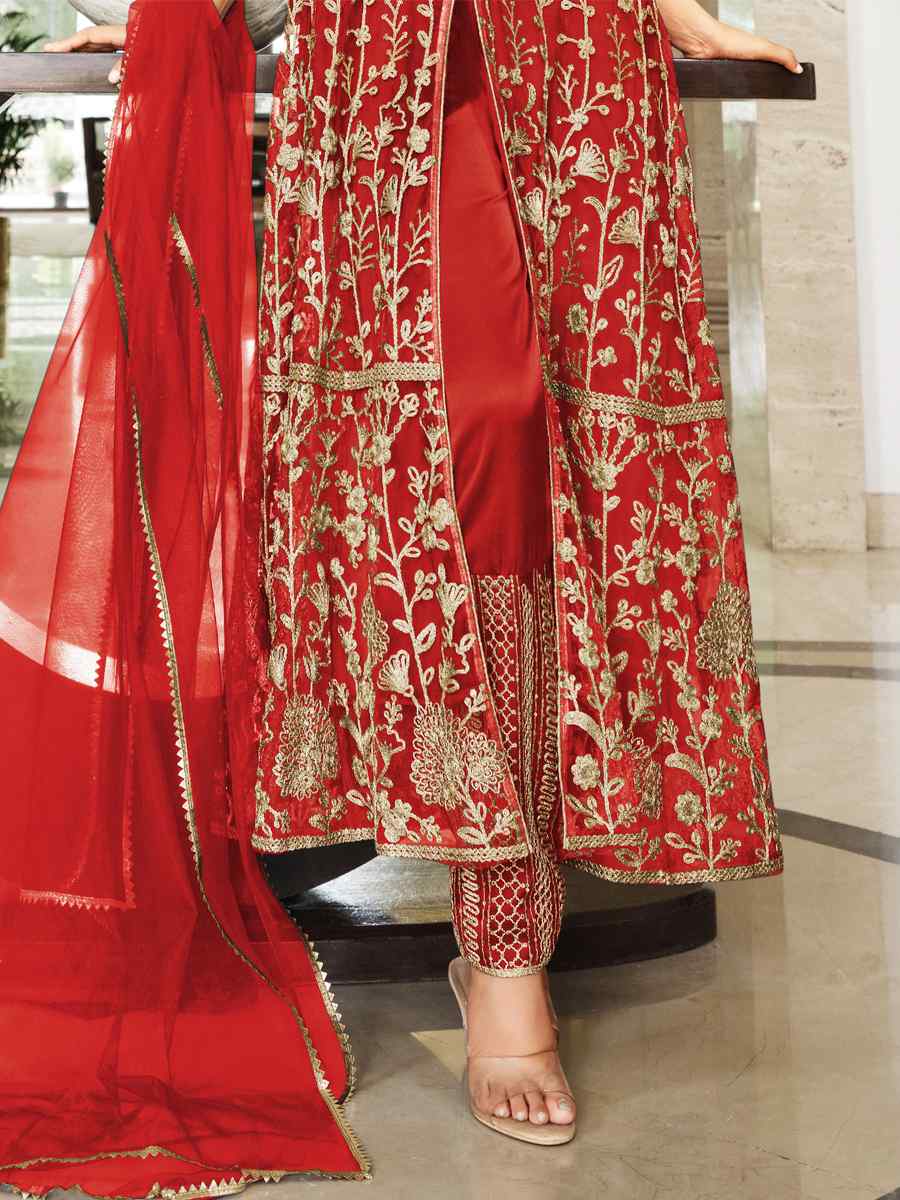 Red Pure Butterfly Net Embroidered Party Festival Lawn Salwar Kameez