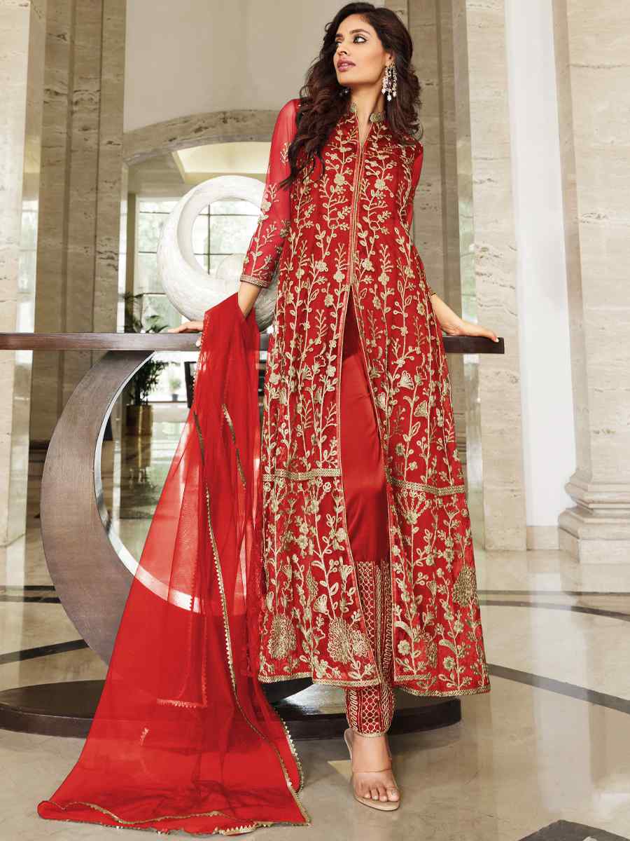 Red Pure Butterfly Net Embroidered Party Festival Lawn Salwar Kameez