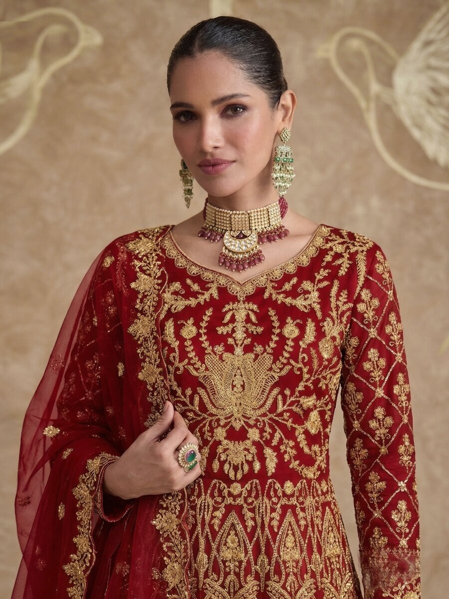 Red Pure Butterfly Net Embroidery Zari Sequins Wedding Party Festival Engagement Lawn Salwar Kameez