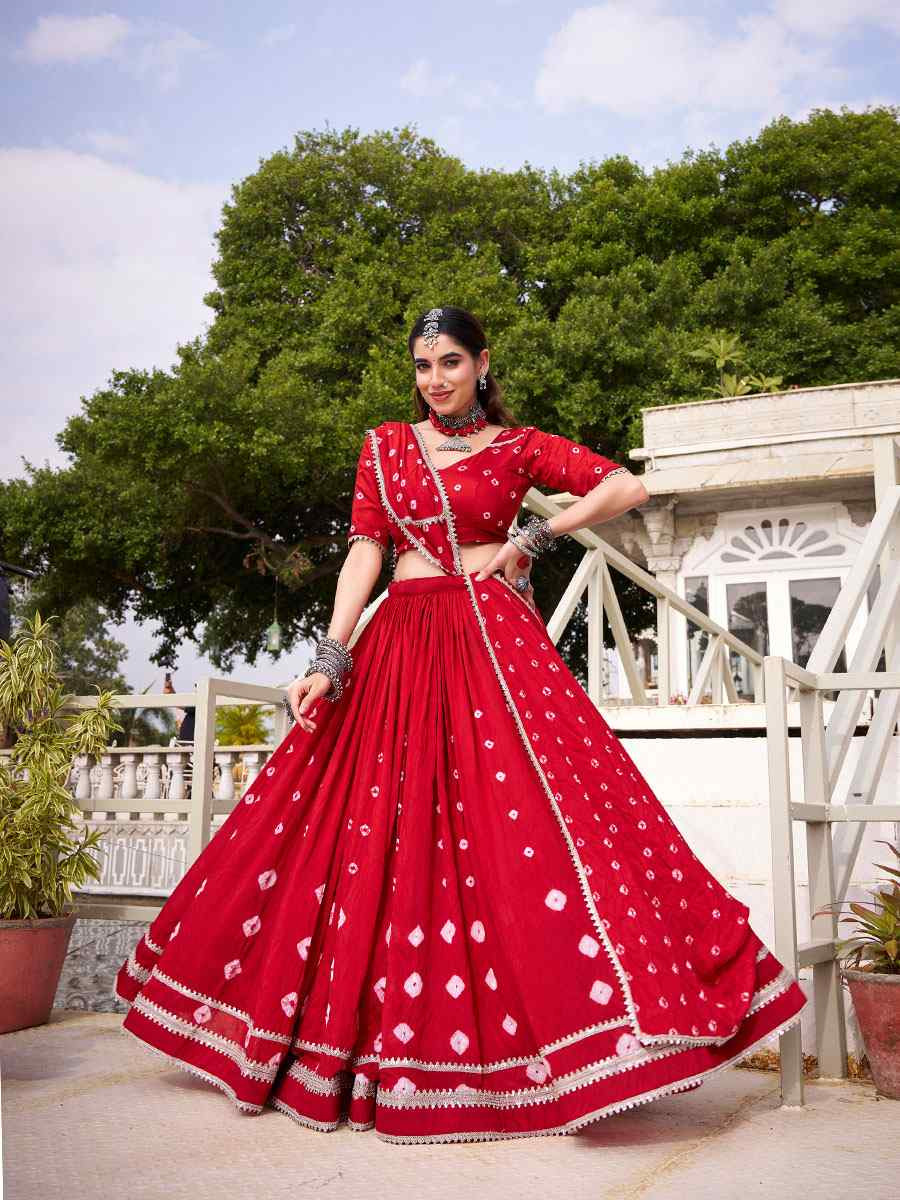 Red Pure Chanderi Embroidered Festival Traditional Lehenga Choli