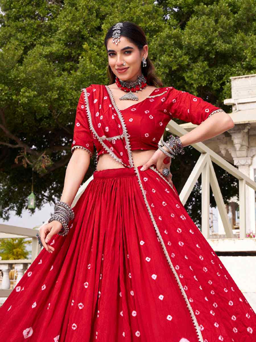 Red Pure Chanderi Embroidered Festival Traditional Lehenga Choli