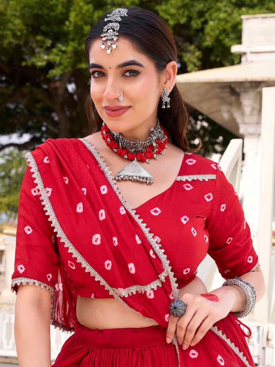 Red Pure Chanderi Embroidered Festival Traditional Lehenga Choli
