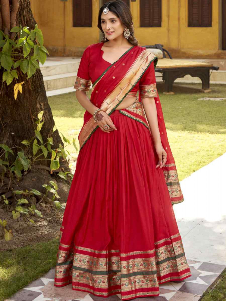 Image of Red Pure Chanderi Zari Handwoven Wedding Reception Festival Heavy Border Lehenga Choli