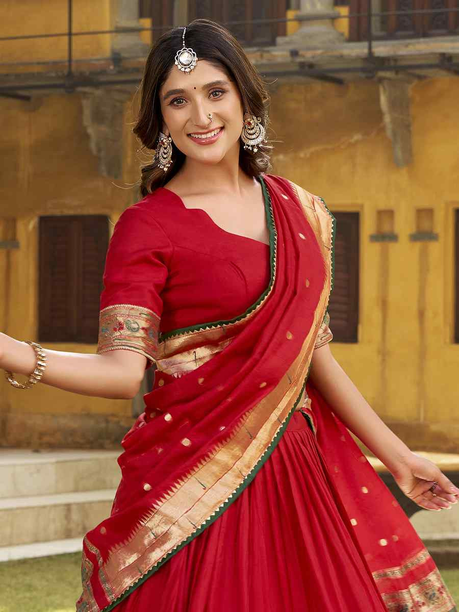 Red Pure Chanderi Zari Handwoven Wedding Reception Festival Heavy Border Lehenga Choli