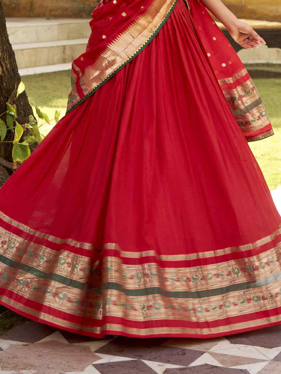 Red Pure Chanderi Zari Handwoven Wedding Reception Festival Heavy Border Lehenga Choli