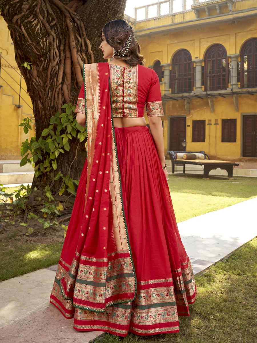 Red Pure Chanderi Zari Handwoven Wedding Reception Festival Heavy Border Lehenga Choli