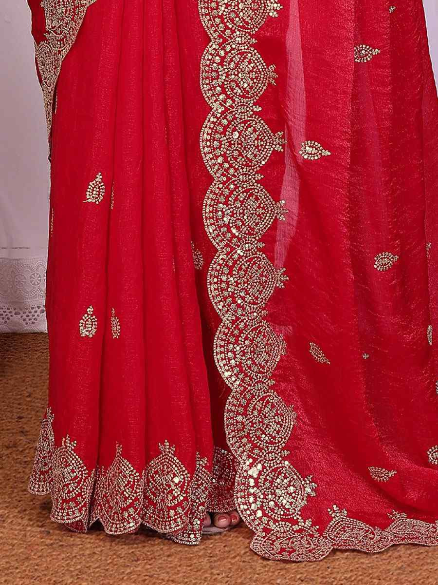 Red Pure Chiffon Embroidery Festival Wedding Fancy Heavy Border Saree