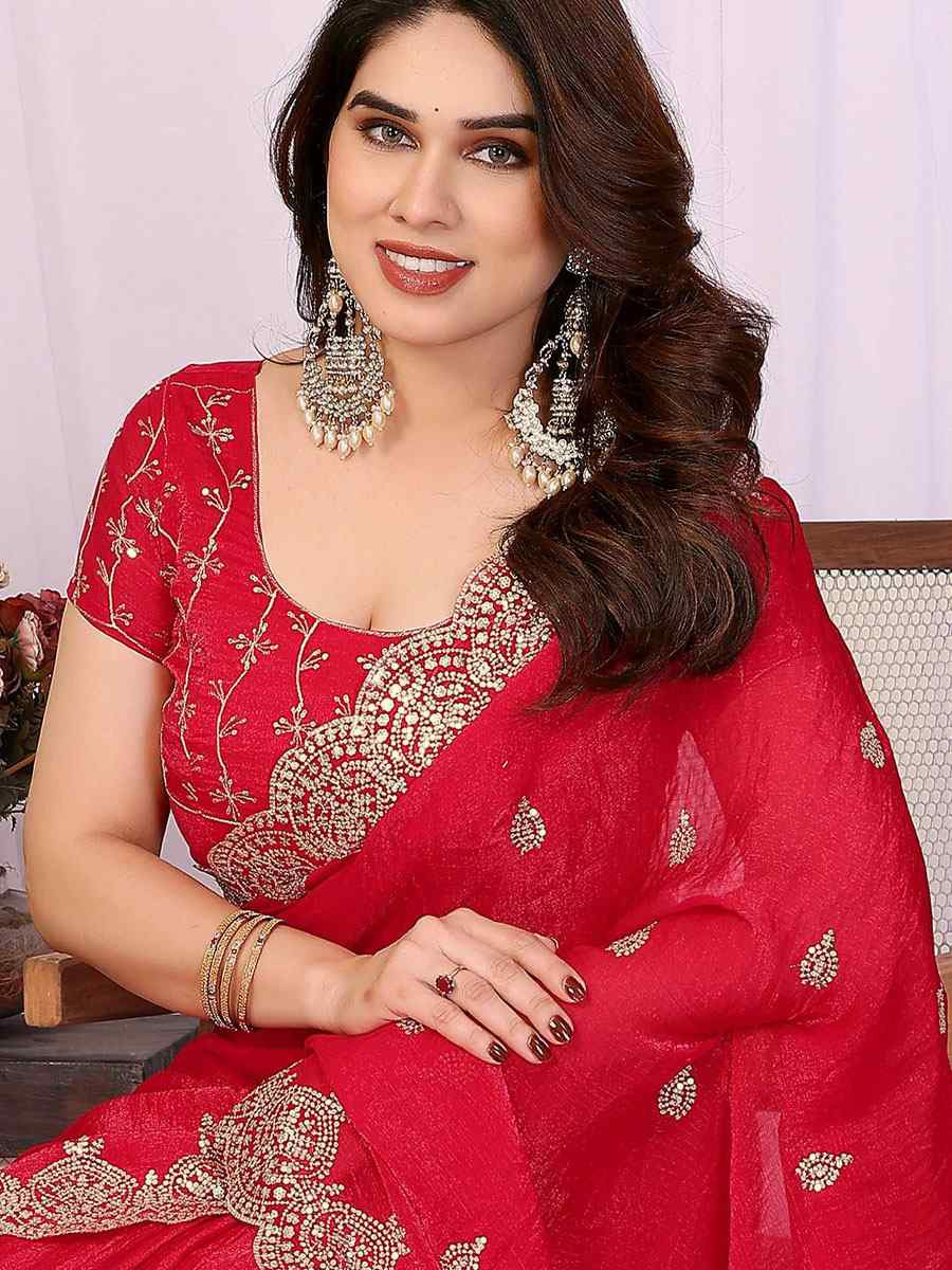 Red Pure Chiffon Embroidery Festival Wedding Fancy Heavy Border Saree
