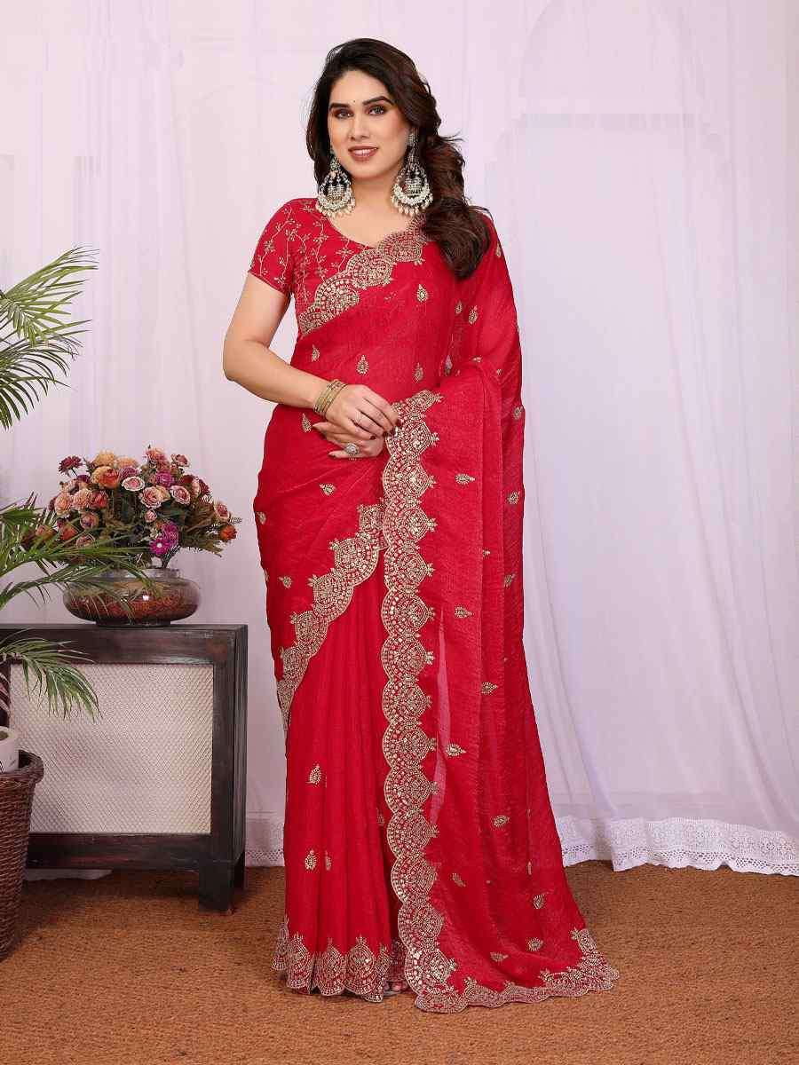 Red Pure Chiffon Embroidery Festival Wedding Fancy Heavy Border Saree