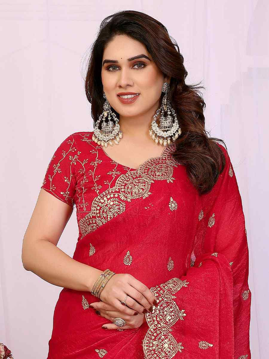 Red Pure Chiffon Embroidery Festival Wedding Fancy Heavy Border Saree