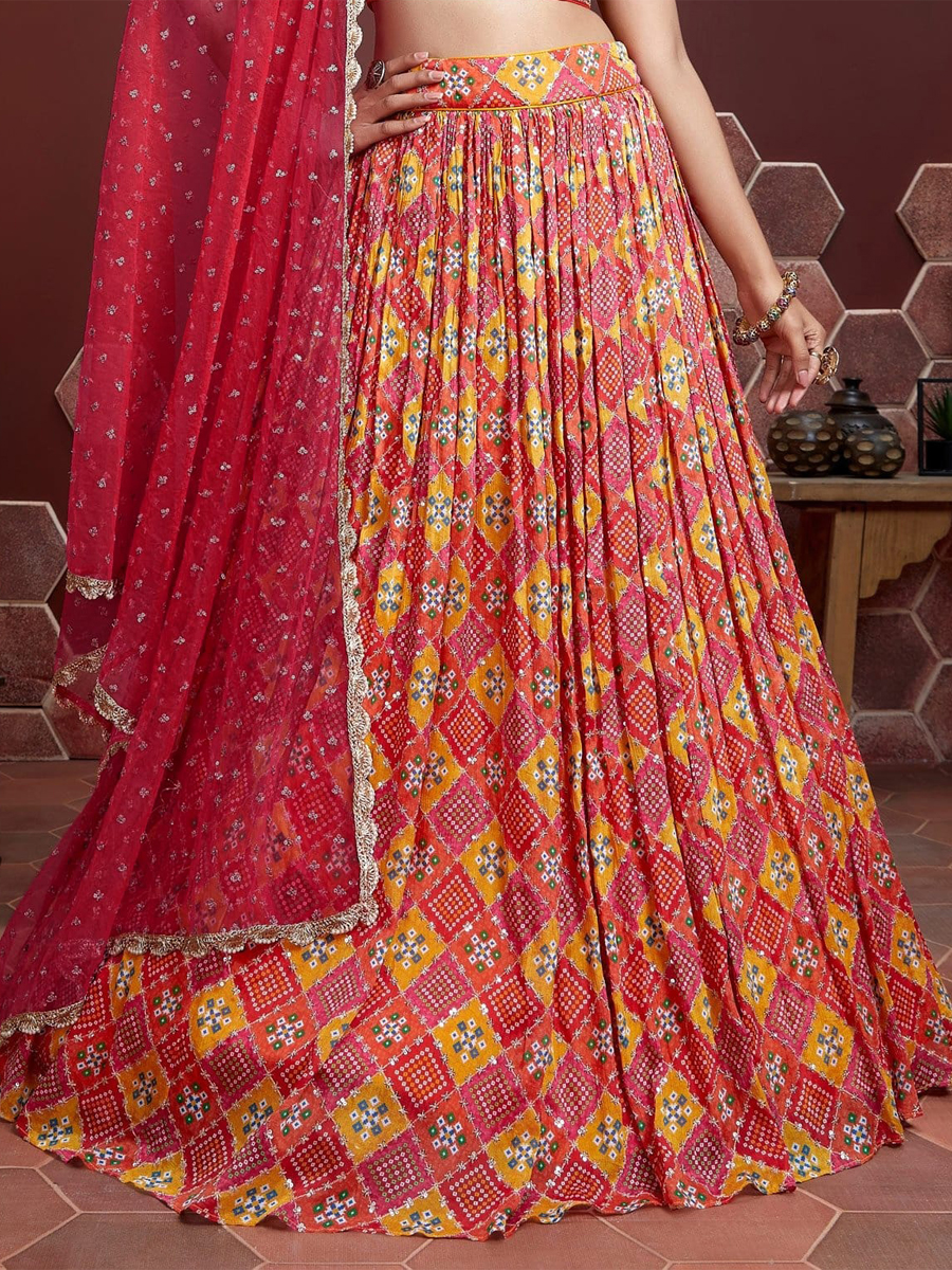 Red Pure Chinon Silk Embroidered Bridesmaid Wedding Heavy Border Lehenga Choli