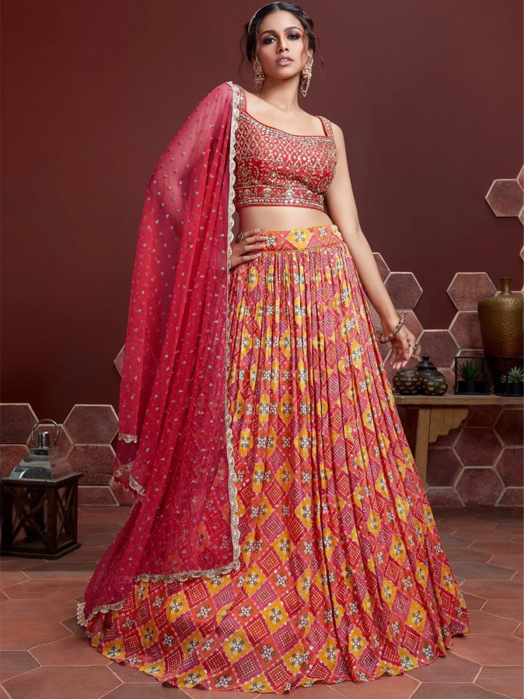 Red Pure Chinon Silk Embroidered Bridesmaid Wedding Heavy Border Lehenga Choli