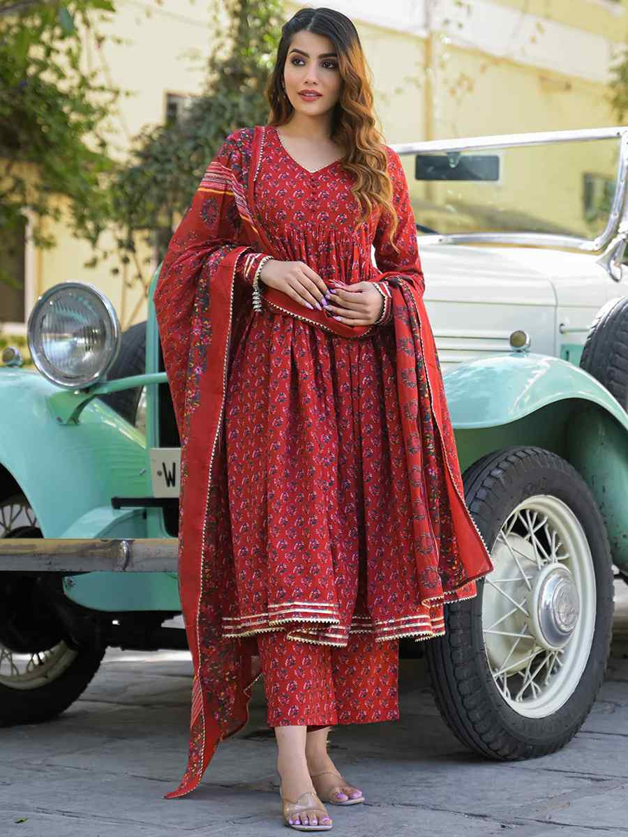 Red Pure Cotton Embroidery Party Wedding Festival Casual Ready Anarkali Pant Salwar Kameez