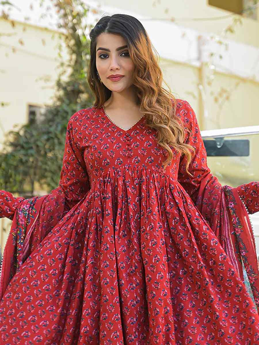 Red Pure Cotton Embroidery Party Wedding Festival Casual Ready Anarkali Pant Salwar Kameez