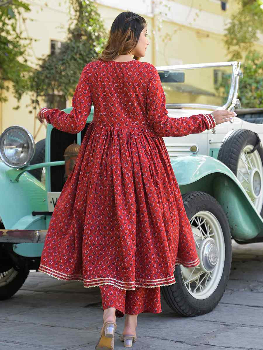 Red Pure Cotton Embroidery Party Wedding Festival Casual Ready Anarkali Pant Salwar Kameez