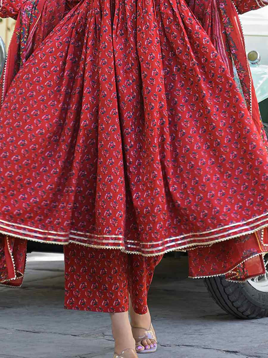 Red Pure Cotton Embroidery Party Wedding Festival Casual Ready Anarkali Pant Salwar Kameez