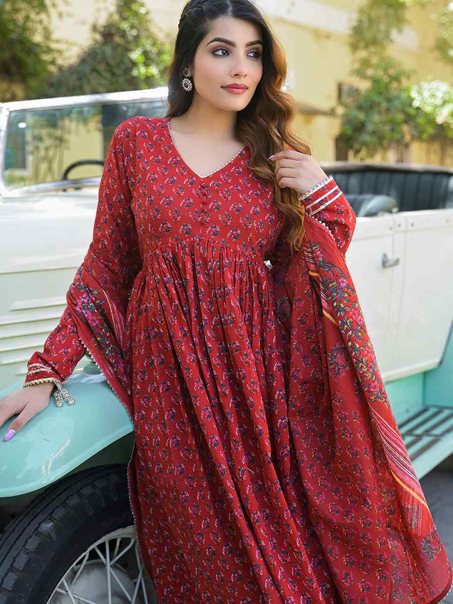 Red Pure Cotton Embroidery Party Wedding Festival Casual Ready Anarkali Pant Salwar Kameez