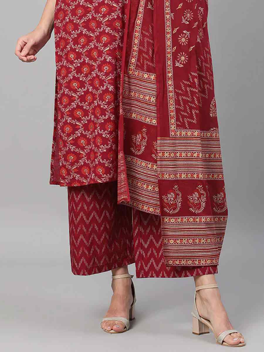 Red Pure Cotton Printed Festival Party Palazzo Pant Salwar Kameez