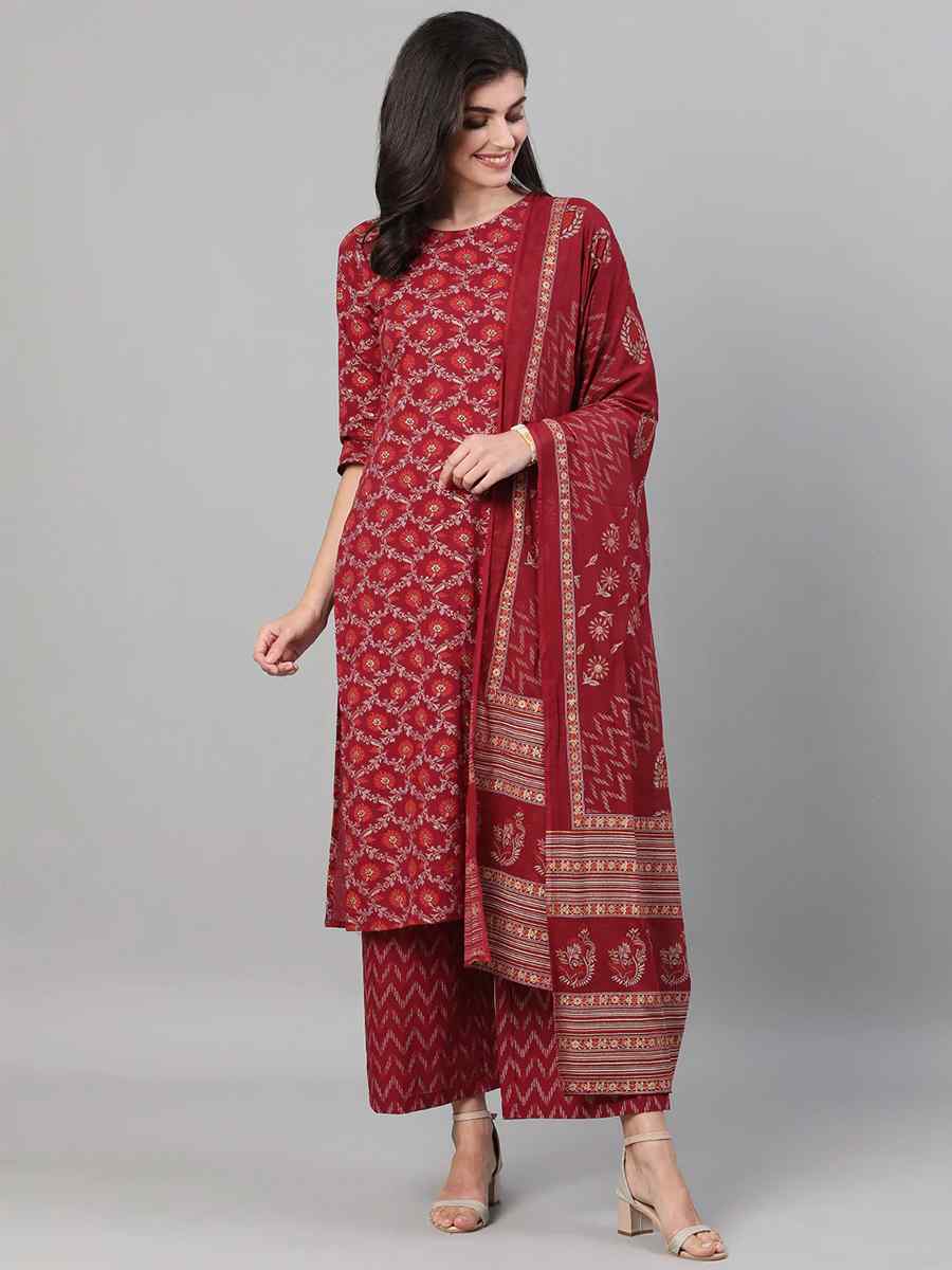 Red Pure Cotton Printed Festival Party Palazzo Pant Salwar Kameez