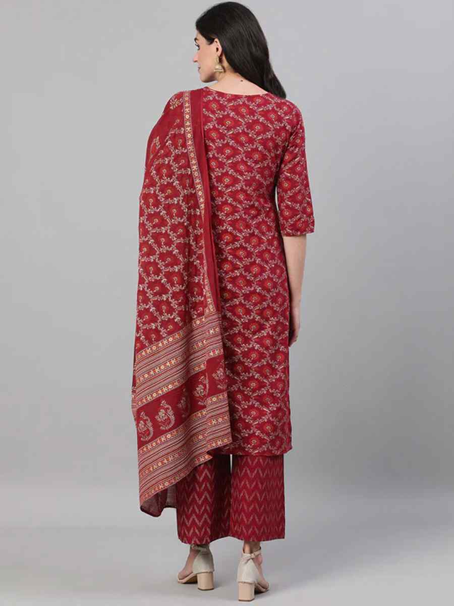 Red Pure Cotton Printed Festival Party Palazzo Pant Salwar Kameez