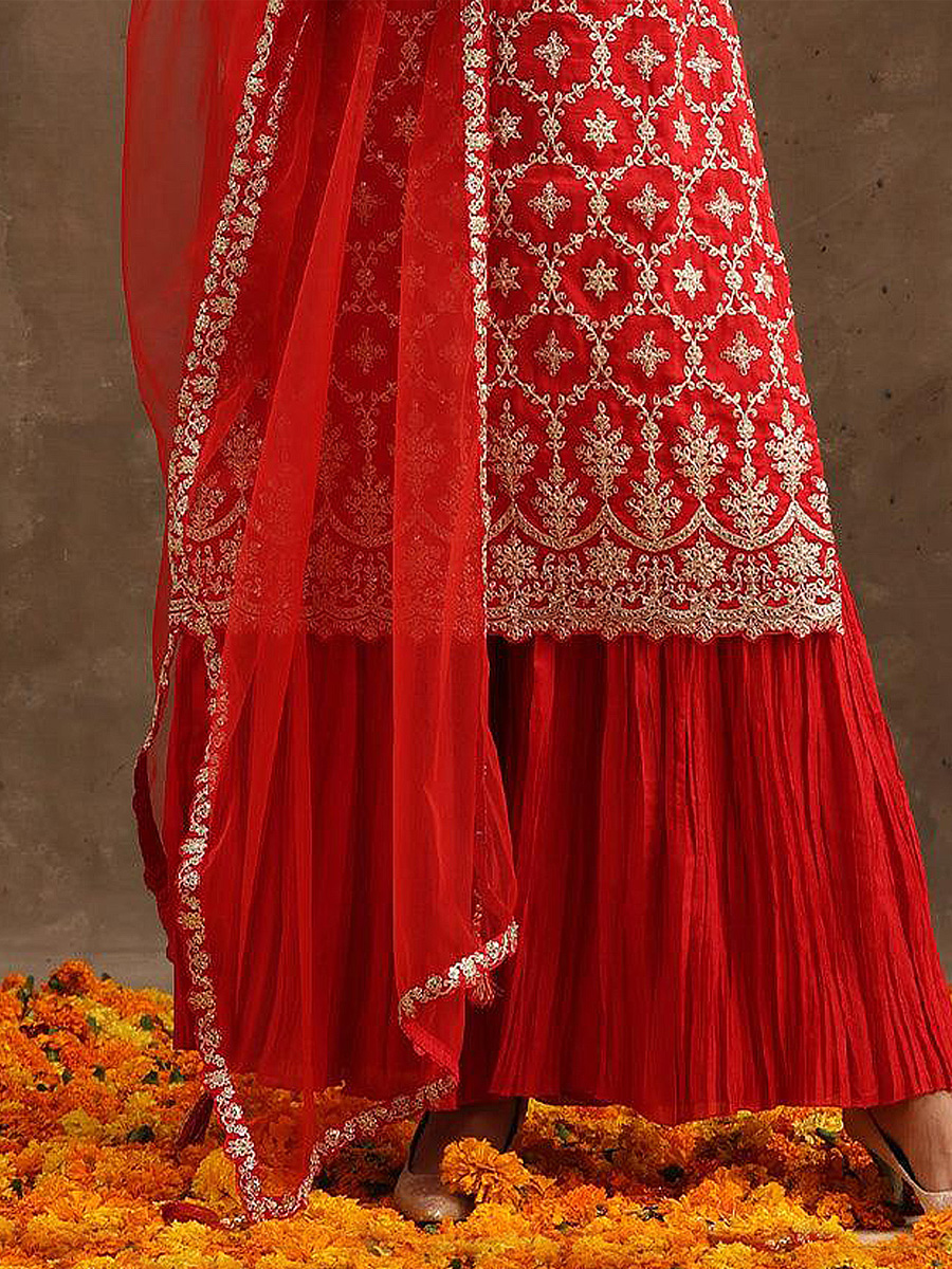 Red Pure Daimond Georgtte Embroidered Festival Mehendi Palazzo Pant Salwar Kameez