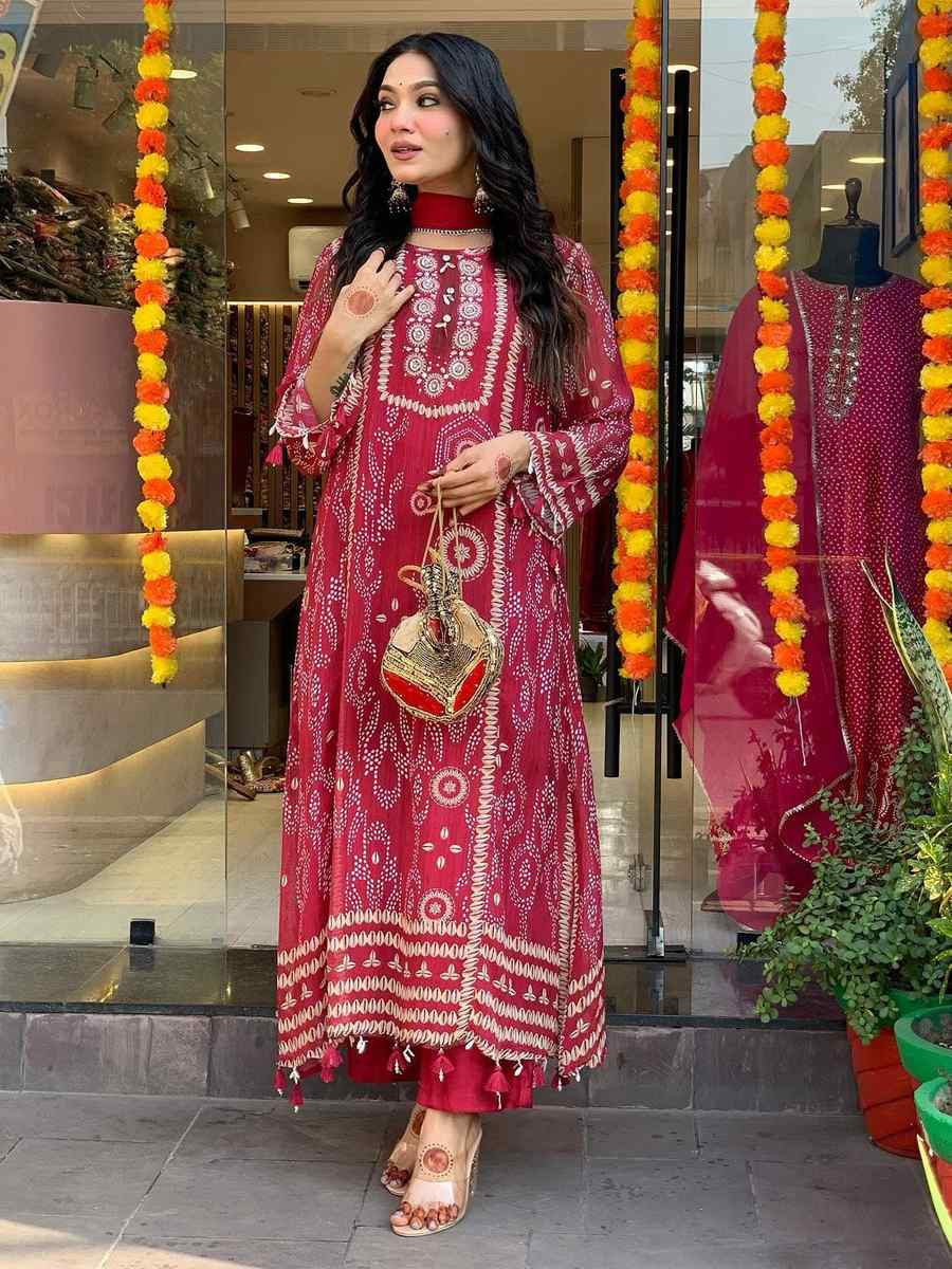 Red Pure Diamond Silk Embroidered Festival Casual Pant Ready Salwar Kameez