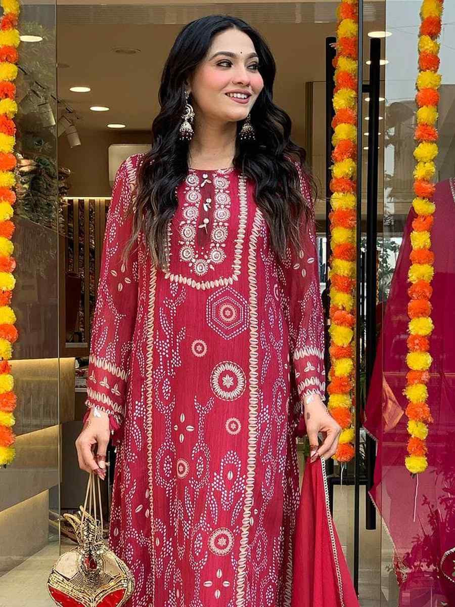 Red Pure Diamond Silk Embroidered Festival Casual Pant Ready Salwar Kameez