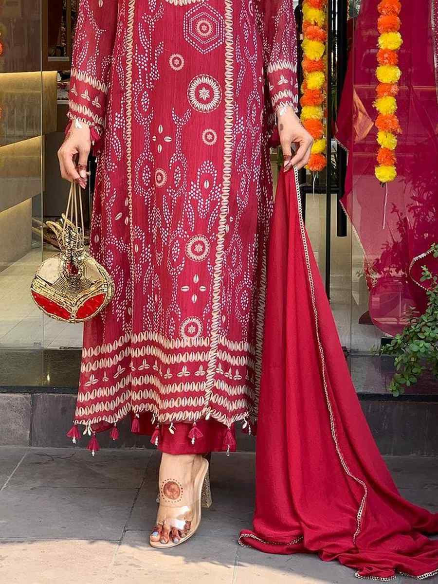 Red Pure Diamond Silk Embroidered Festival Casual Pant Ready Salwar Kameez