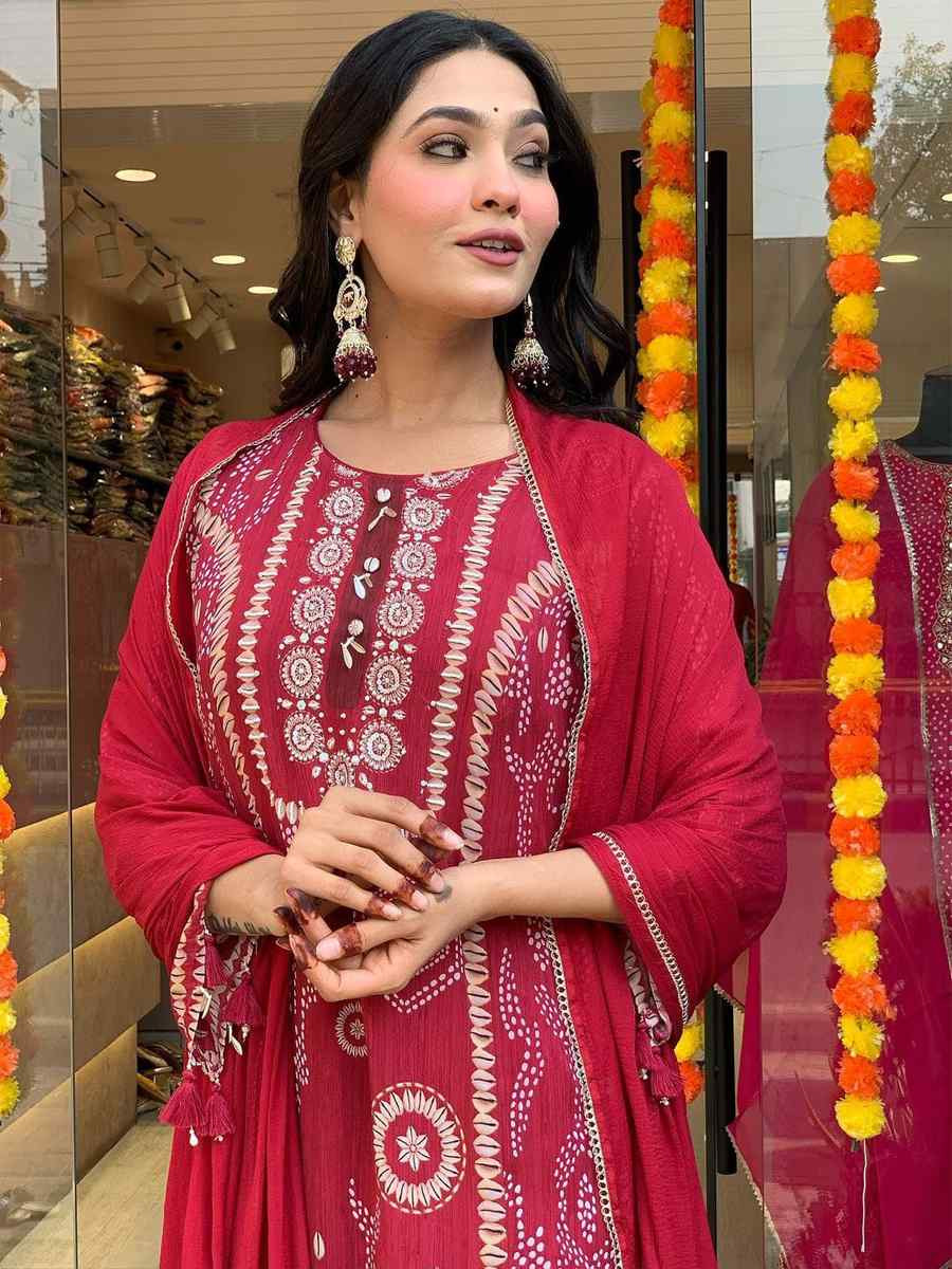 Red Pure Diamond Silk Embroidered Festival Casual Pant Ready Salwar Kameez