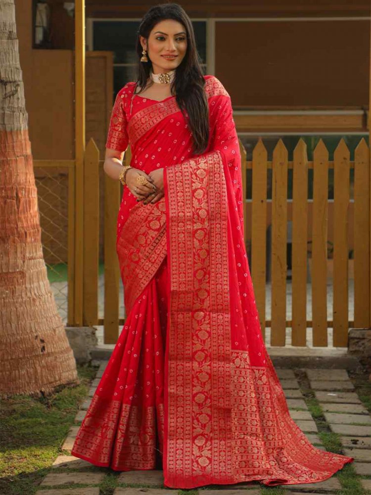 Red Pure Dola Bandhej Silk Handwoven Festival Wedding Heavy Border Saree