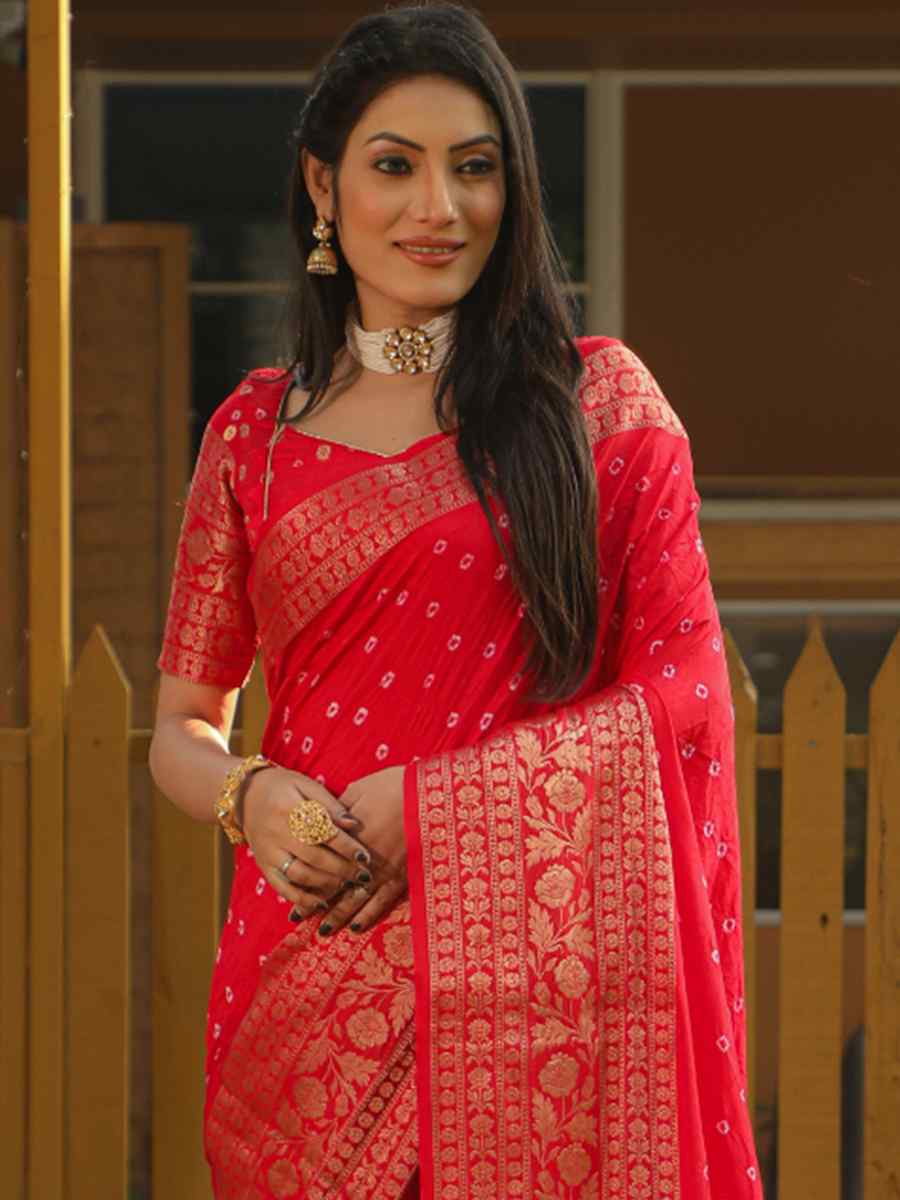 Red Pure Dola Bandhej Silk Handwoven Festival Wedding Heavy Border Saree