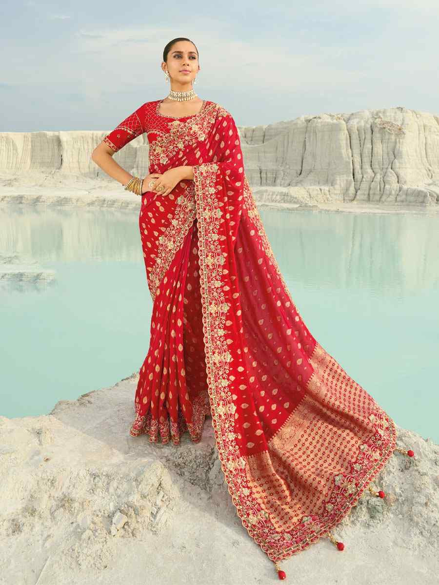 Red Pure Dola Viscose Embroidery Bridal Reception Festival Wedding Fancy Heavy Border Saree