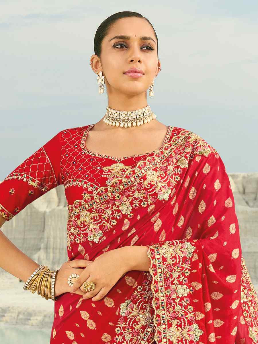 Red Pure Dola Viscose Embroidery Bridal Reception Festival Wedding Fancy Heavy Border Saree