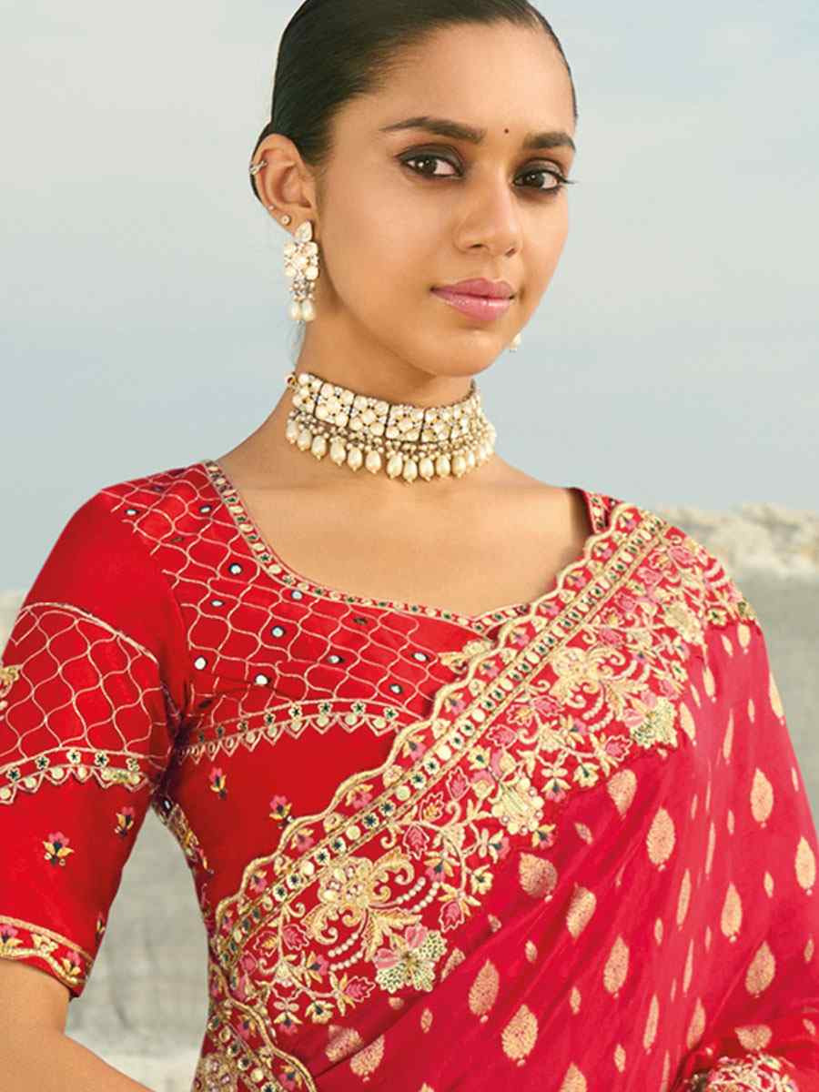 Red Pure Dola Viscose Embroidery Bridal Reception Festival Wedding Fancy Heavy Border Saree