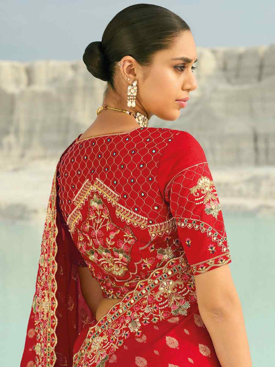 Red Pure Dola Viscose Embroidery Bridal Reception Festival Wedding Fancy Heavy Border Saree