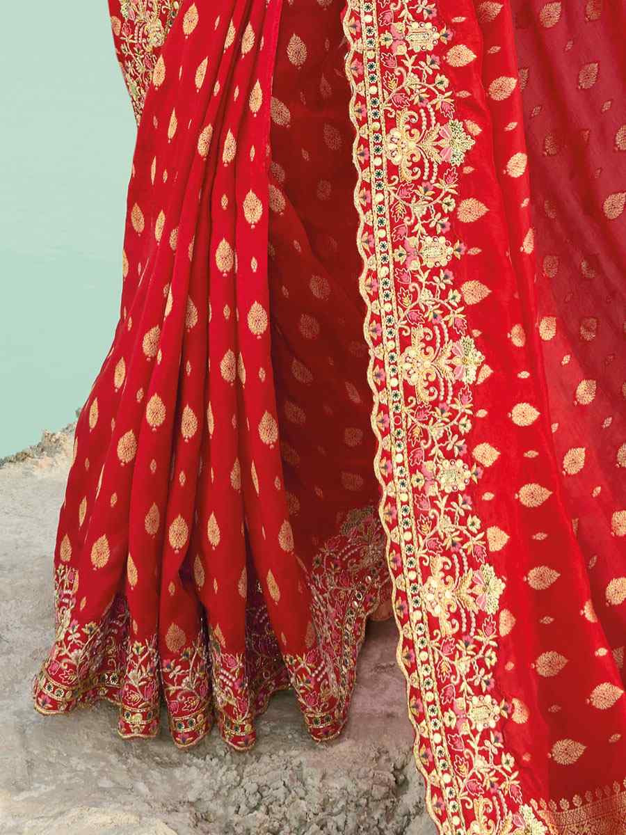 Red Pure Dola Viscose Embroidery Bridal Reception Festival Wedding Fancy Heavy Border Saree