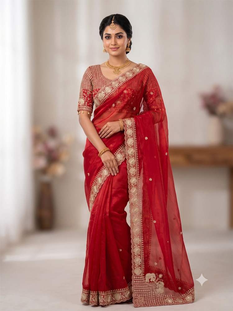 Image of Red Pure Fandy Satin Embroidery Wedding Reception Party Festival Casual Heavy Border Sarees