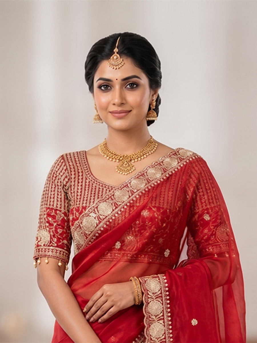 Red Pure Fandy Satin Embroidery Wedding Reception Party Festival Casual Heavy Border Sarees