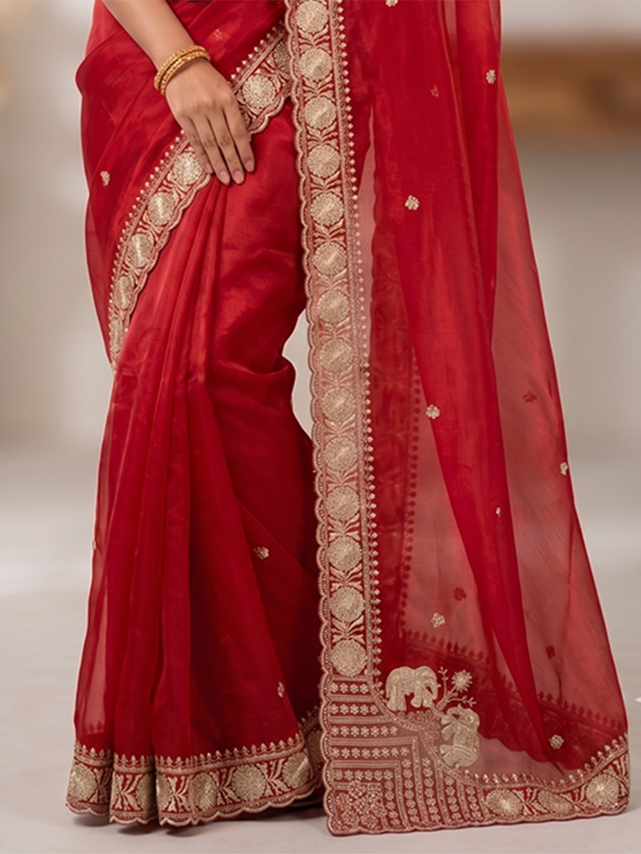 Red Pure Fandy Satin Embroidery Wedding Reception Party Festival Casual Heavy Border Sarees