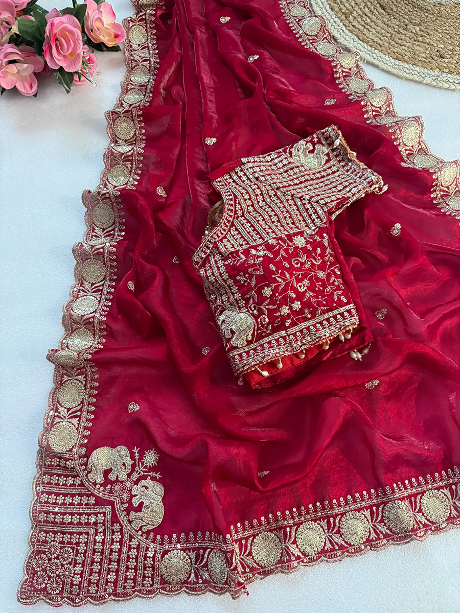 Red Pure Fandy Satin Embroidery Wedding Reception Party Festival Casual Heavy Border Sarees