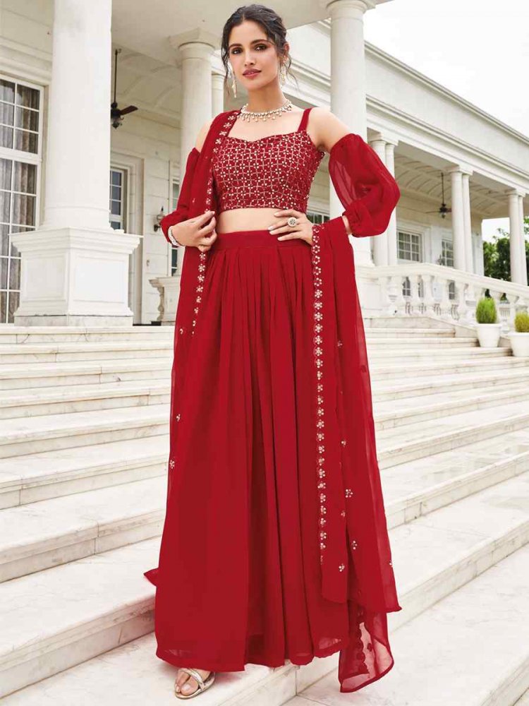 Red Pure Faux Georgette Embroidered Party Wear Wedding Circular Lehenga Choli