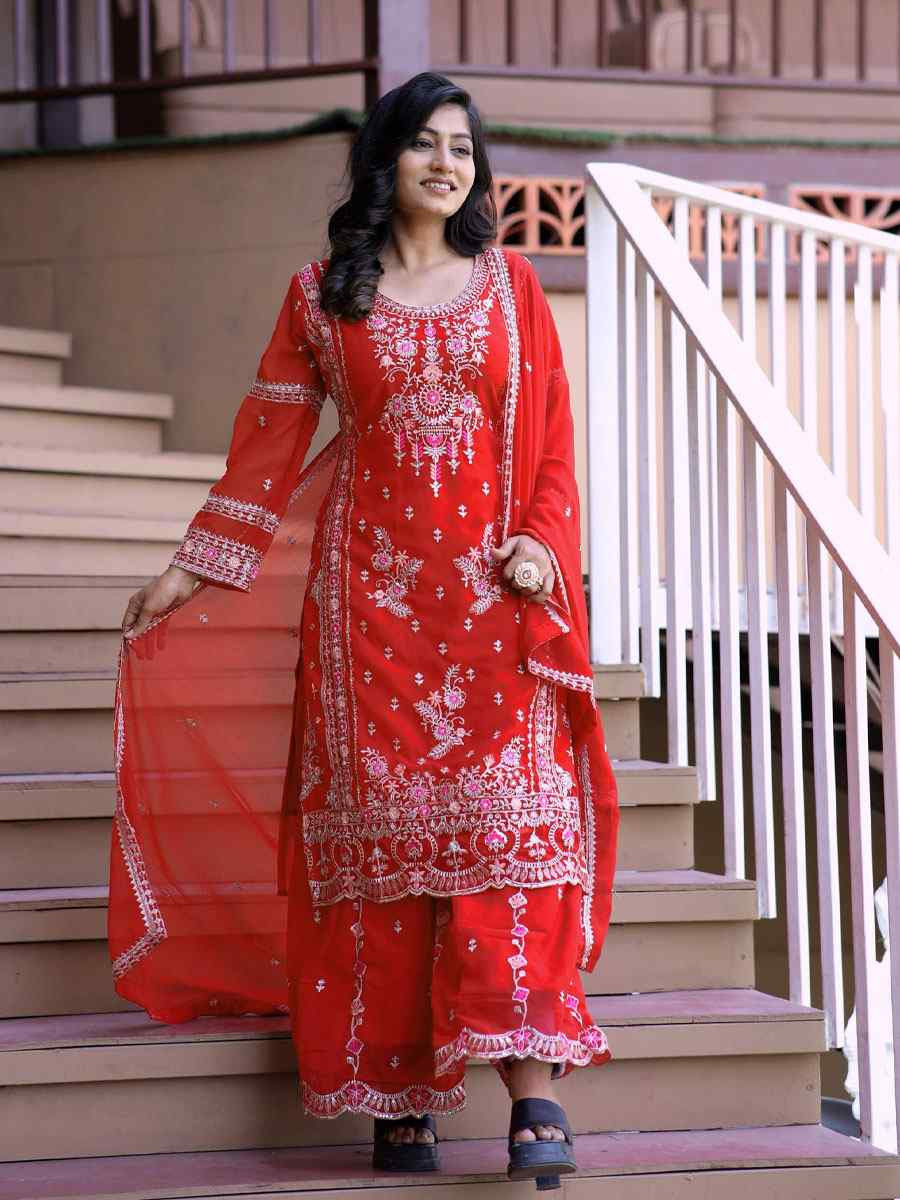 Red Pure Faux Georgette Silk Embroidery Party Wedding Festival Casual Ready Palazzo Pant Salwar Kameez