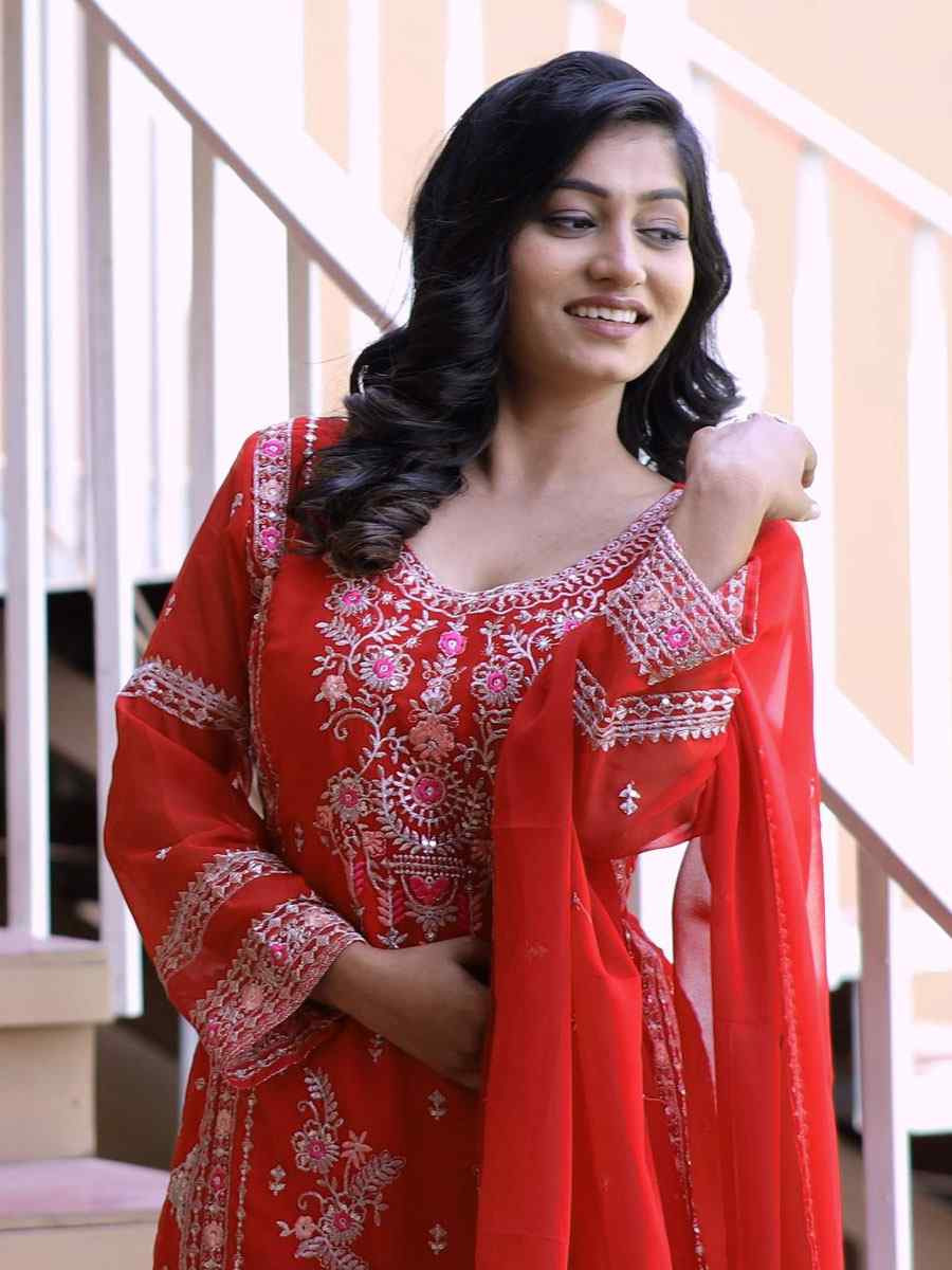 Red Pure Faux Georgette Silk Embroidery Party Wedding Festival Casual Ready Palazzo Pant Salwar Kameez