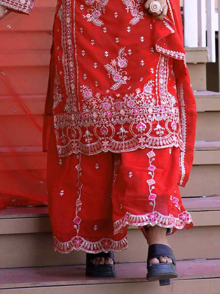 Red Pure Faux Georgette Silk Embroidery Party Wedding Festival Casual Ready Palazzo Pant Salwar Kameez