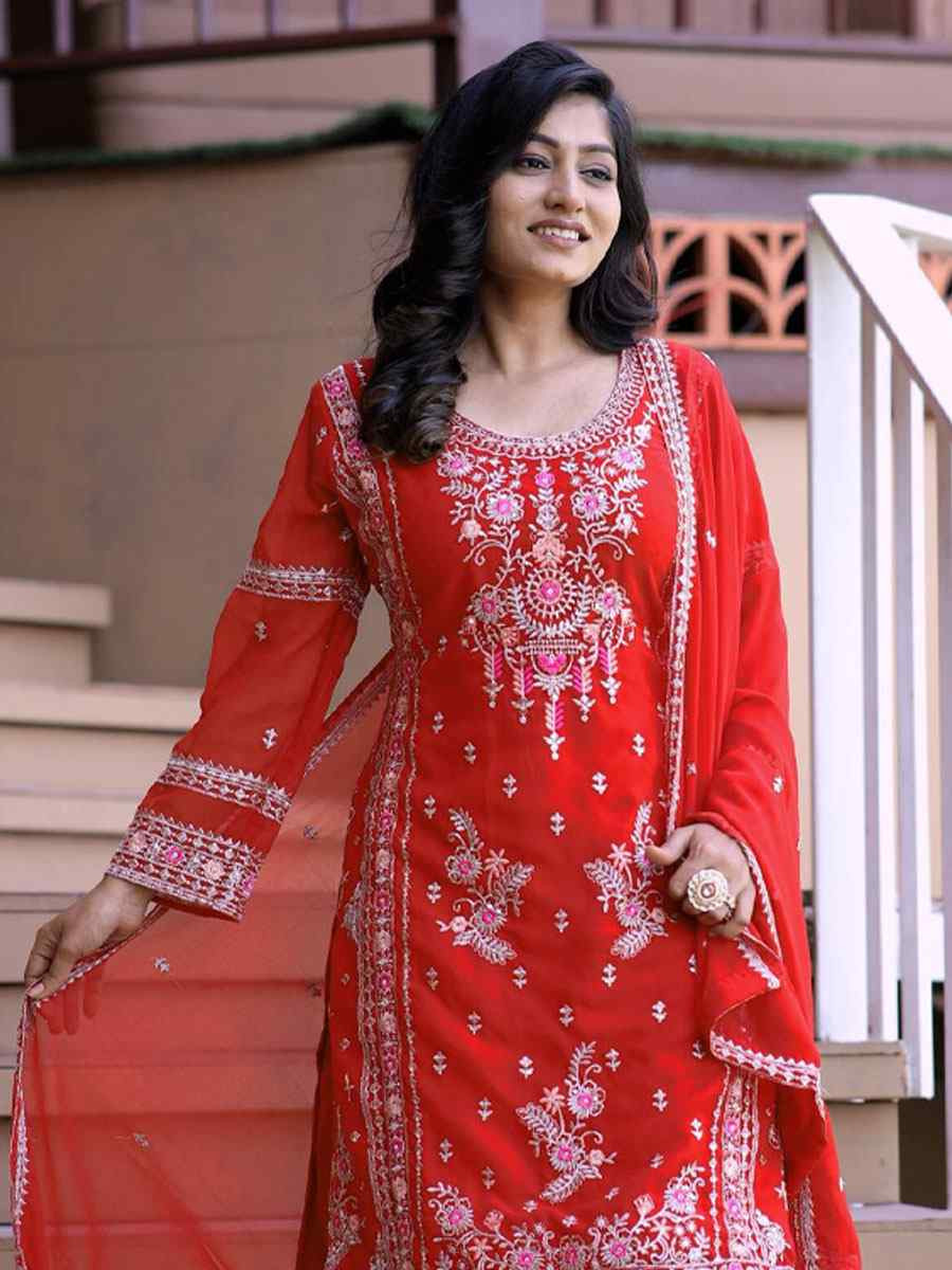 Red Pure Faux Georgette Silk Embroidery Party Wedding Festival Casual Ready Palazzo Pant Salwar Kameez