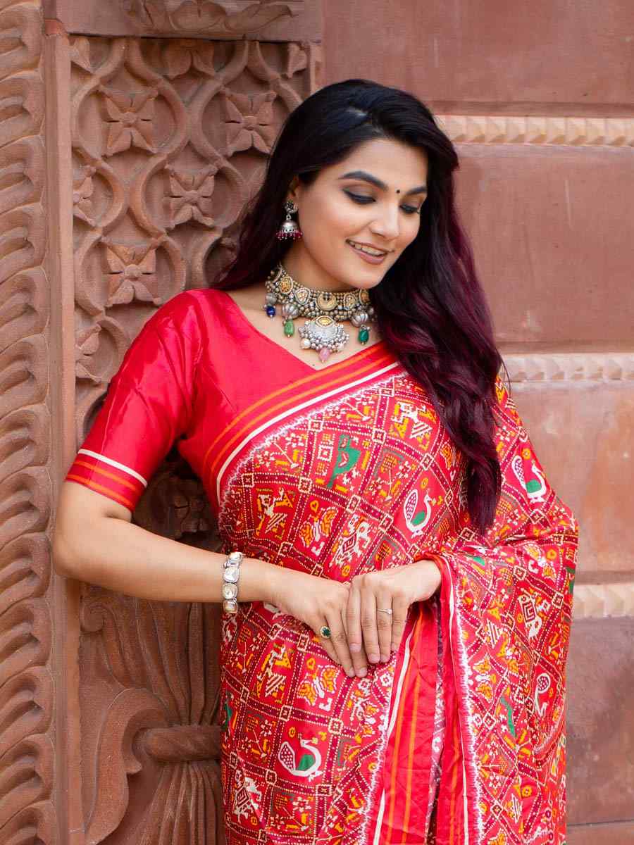 Red Pure Gaji Silk Printed Party Festival Classic Style Saree